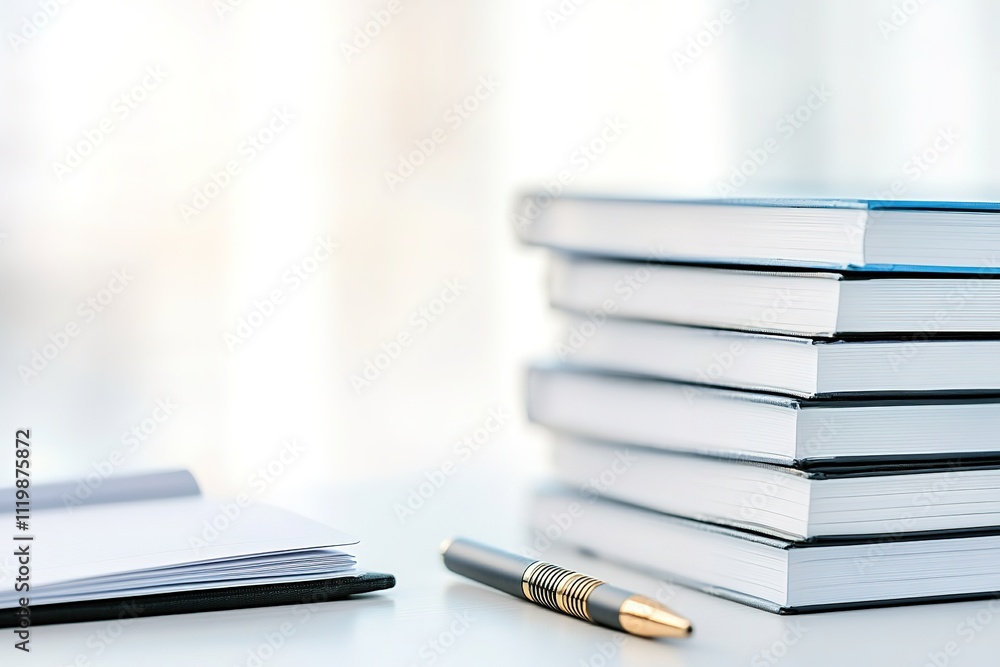 Fototapete stack of textbooks placed neatly on desk with pen and open notebook beside them