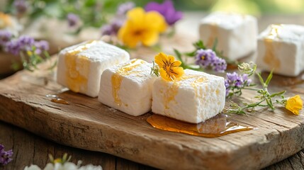 Gourmet marshmallows served on a rustic wooden platter, with decorative honey drizzles and edible flowers