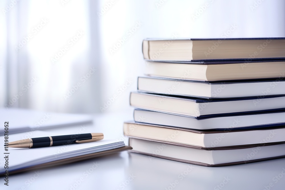 Fototapete stack of textbooks placed neatly on desk with pen and open notebook beside them