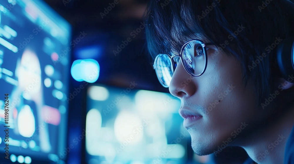 Poster focused individual using computer, symbolizing digital skills and tech proficiency.