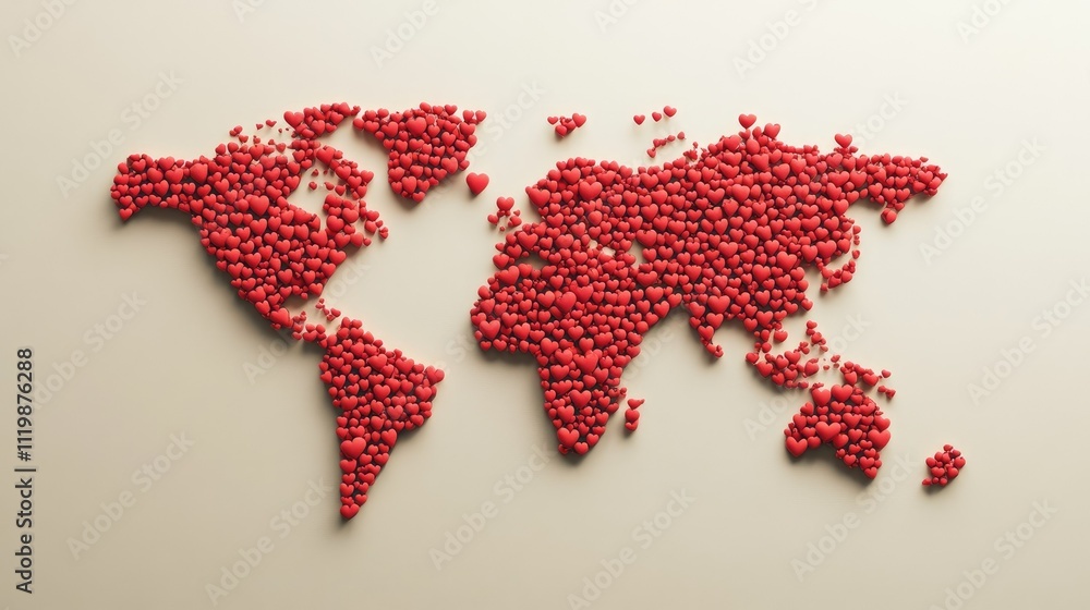 Aufkleber artistic world map created with red hearts symbolizing love and connection across continents with a 