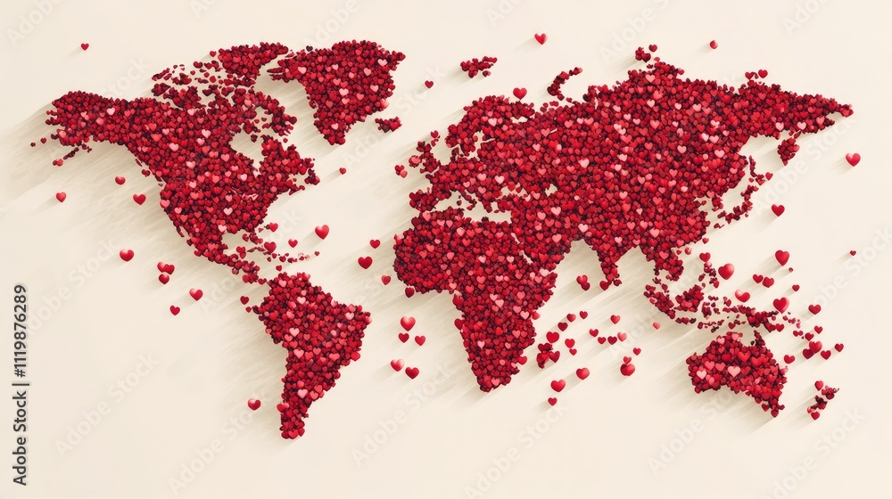 Poster creative world map made of small red hearts on light background reflecting love and unity in global 