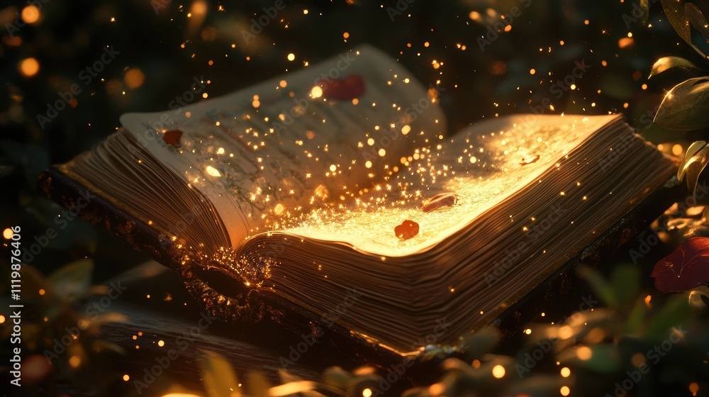 Poster enchanted open book surrounded by sparkling light and greenery, evoking a sense of wonder and magic 