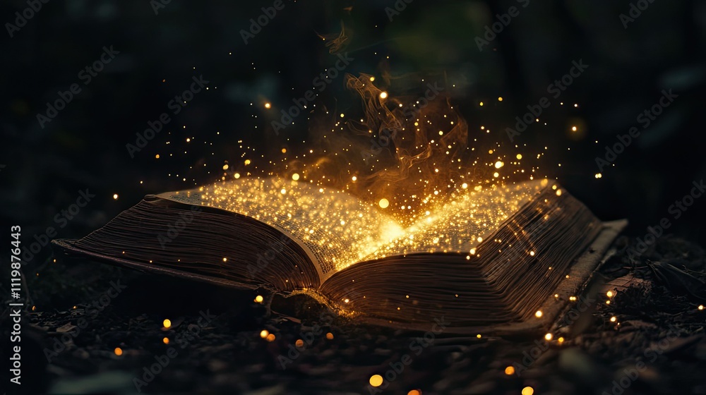 Poster magical open book surrounded by glowing particles and mystical light in enchanted forest setting, pe