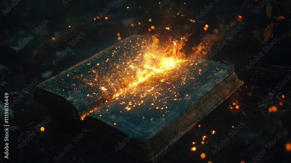 Poster an enchanted open book with sparkling flames and glowing light emanating from the pages amidst a dar
