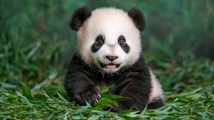 Fototapeta premium A cute panda cub playfully sits among lush green foliage, showcasing its distinctive black-and-white fur and expressive face.