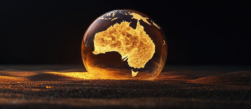 Fiery Australia depicted on a glass globe resting on sand.