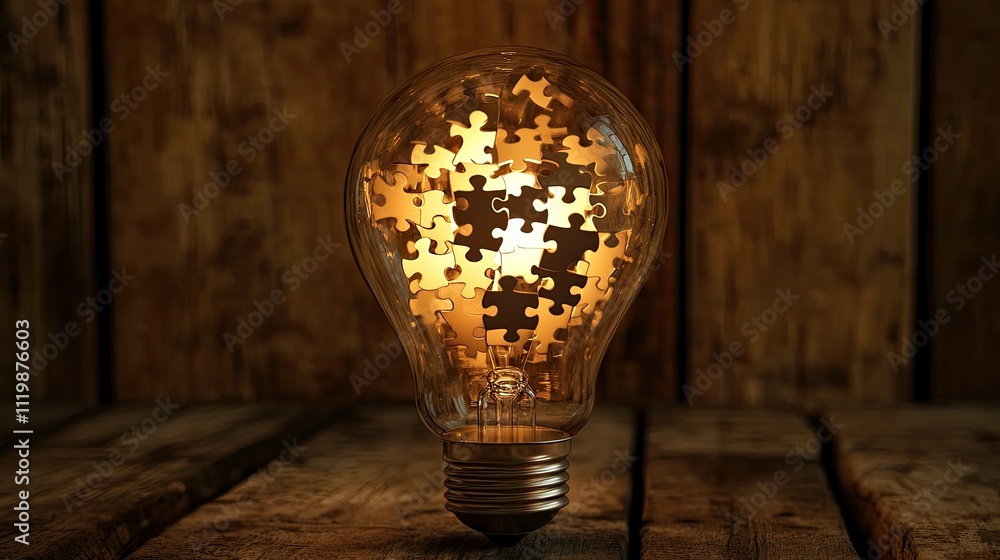 Poster light bulb with puzzle pieces inside creating a unique concept of ideas, inspiration, creativity, an