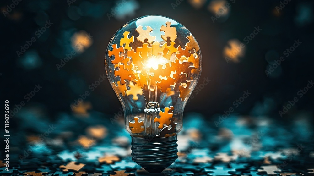 Poster lightbulb filled with colorful puzzle pieces signifying creativity, problem solving, innovation, and