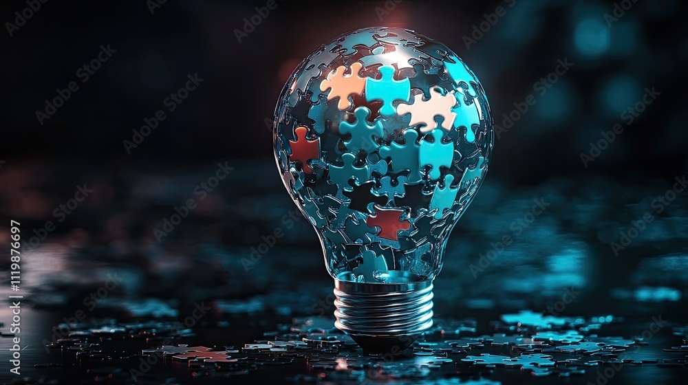 Aufkleber lightbulb formed by colorful puzzle pieces representing creativity, problem solving, and innovation,