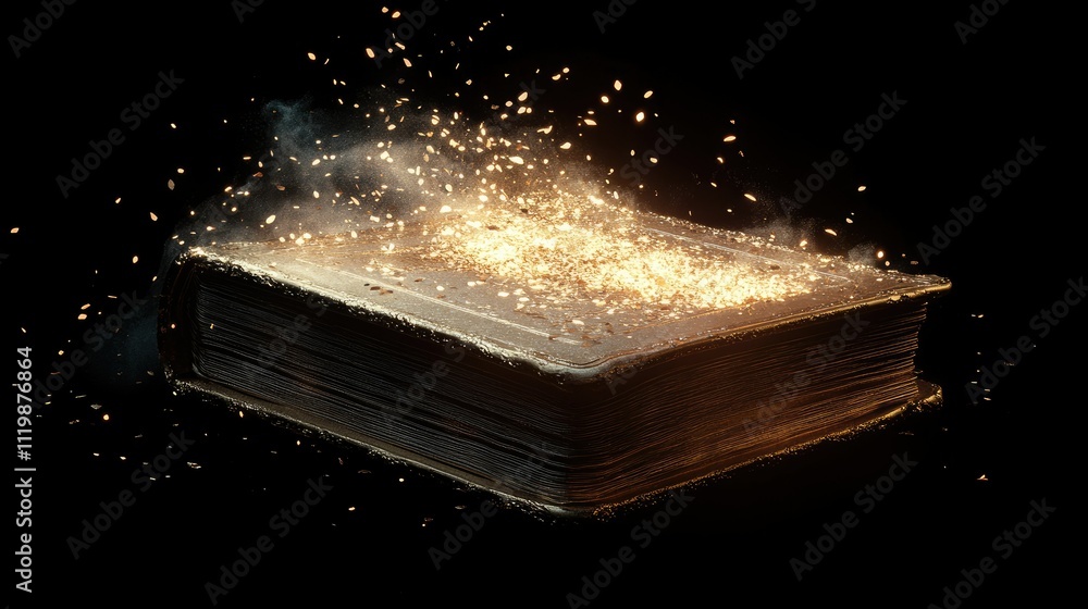 Poster enchanted book emitting sparks and light particles in dark background creating a magical and mysteri
