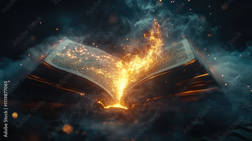 Aufkleber enchanted open book with magical sparks and glowing light emanating from pages surrounded by mystica