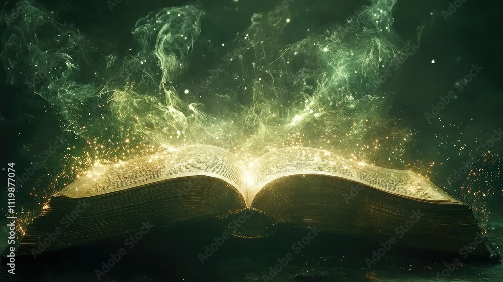 Poster enchanted book of magic with sparkling particles and wisps of light emitting a mystical glow in a dr