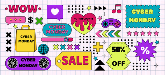 Sticker groovy. Icon sale online. Label neobrutalism. Retro discount brutality. Cyber Monday geometric shape. Stars, heart and different colorful labels. Vector illustration tidy modern graphic set