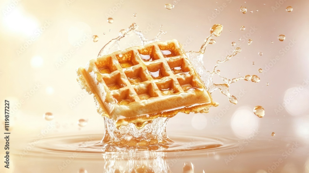Poster delicious golden waffle splashing in maple syrup with bright bokeh background creating an inviting a