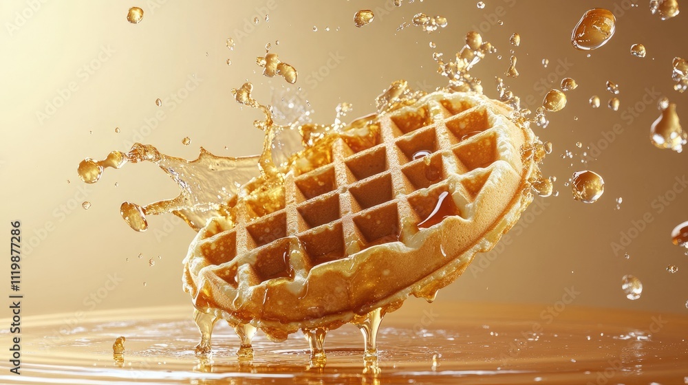 Poster crispy waffle splashing in maple syrup with dramatic lighting creating a delicious and tempting brea