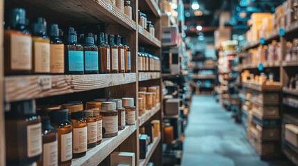 Obraz premium Shelves with bottles of natural products in a cozy store setting