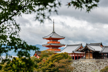 Obraz premium A serene Japanese temple is beautifully nestled among lush greens and scenic beauty