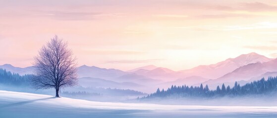 Obraz premium Serene winter sunrise over snowy mountains with a lone tree.