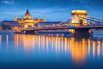 Obraz premium a dark blue sky and yellow light on the castle in front of the chain bridge