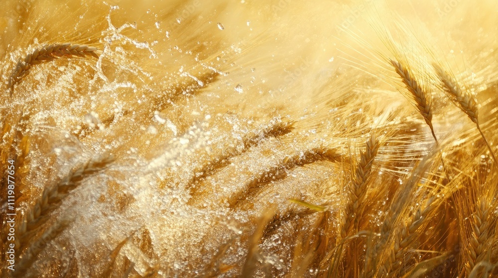 Aufkleber golden wheat field illuminated by sunlight with glimmering water droplets creating a sparkling and d