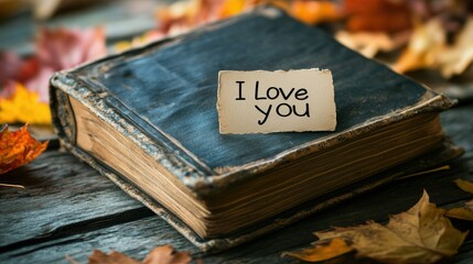 Romantic Gesture with Vintage Book Surrounded by Autumn Leaves Featuring Handwritten Note Saying "I Love You"