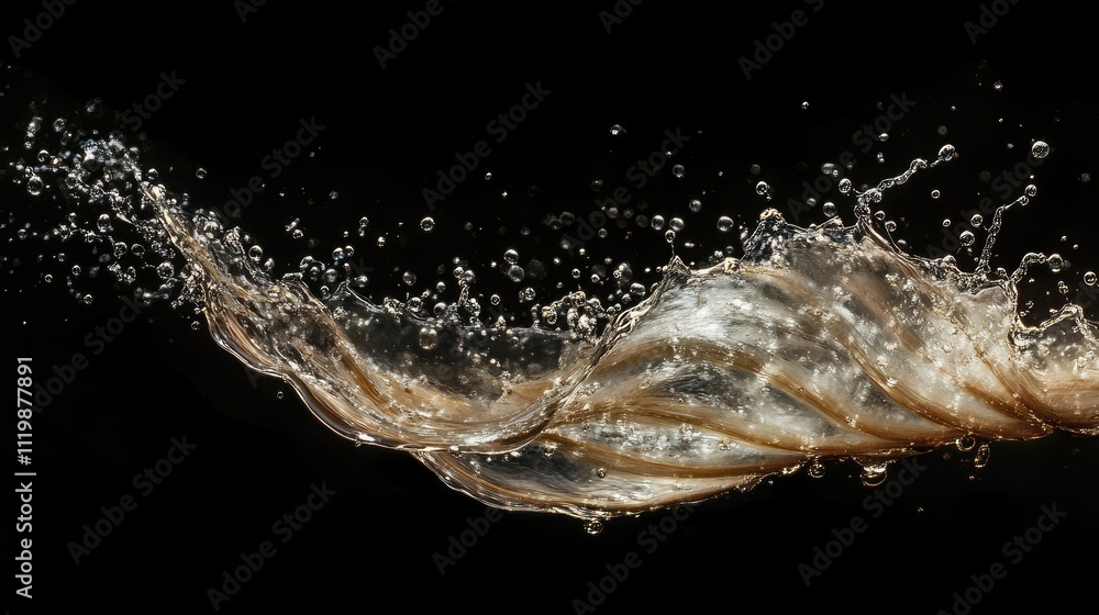 Poster spiraling water splash on black background showcasing dynamic movement and vibrant liquid action for