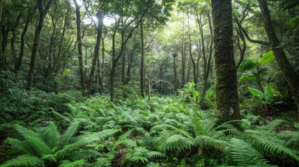 Fototapeta premium Lush green rainforest with dense foliage, sunlight filtering through canopy, ferns covering forest floor.
