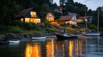 Obraz premium Here's a description of the image, following your specifications.. Idyllic waterfront homes illuminated at dusk, reflecting in calm water, with small boats moored nearby.