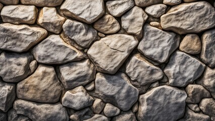 Fototapeta premium Close-up of a rustic stone wall texture with varying shades of beige and gray stones.