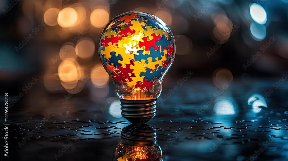 Poster colorful light bulb with puzzle pieces illuminating a dark surface, symbolizing creativity, problem 