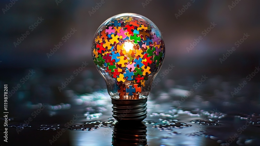 Poster colorful puzzle pieces inside a light bulb representing creativity, innovation, and problem solving 