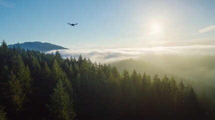 A drone flies over a mountain range covered in mist at sunrise.
