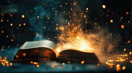 Enchanted Open Book with Magical Sparks and Glowing Lights, Capturing the Essence of Imagination and Storytelling in a Mystical Atmosphere