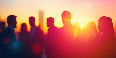 Networking event at sunset with vibrant colors and business professionals engaging