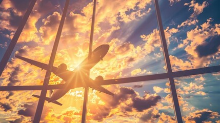 Airplane Silhouette at Sunset Through Window