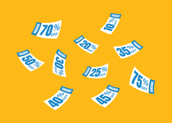 Flying red voucher with yellow background, vouchers, exchange. Discount, profitable purchases, Offers, Special premium price offers sale coupon, red vouchers. Voucher set design.