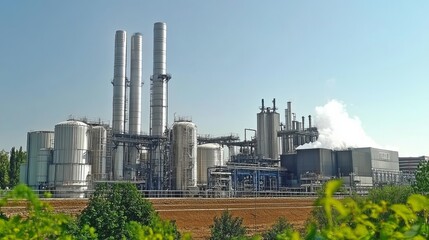 Net zero carbon solutions. A modern industrial facility featuring tall smokestacks and large storage tanks against a clear blue sky.