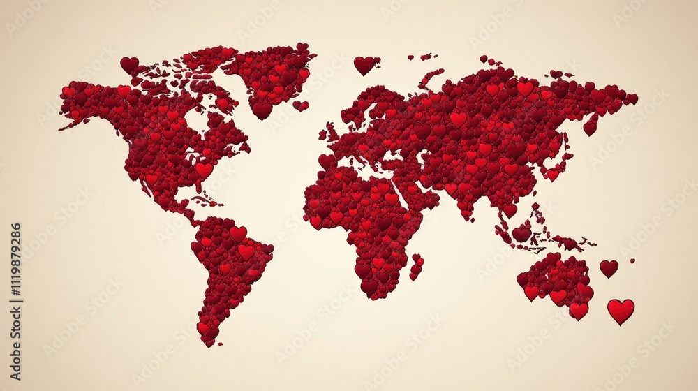 Poster a creative world map composed of red hearts symbolizing love and unity across continents and culture