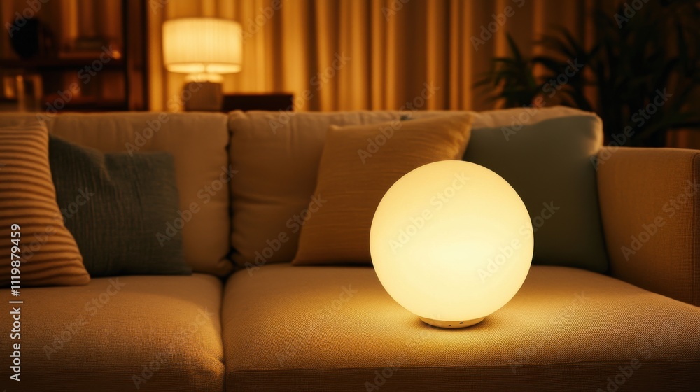 Poster cozy living room with soft lighting from a round table lamp and a comfortable sofa surrounded by war
