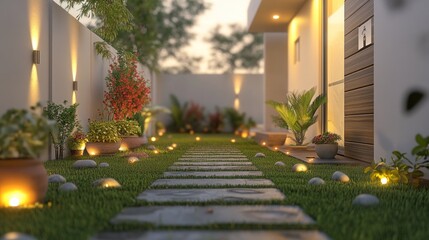Serene pathway lights illuminating a lush garden entrance at dusk.