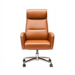 Obraz premium A sleek, modern high-back office chair in a warm brown leather finish, designed for comfort and style in professional environments.
