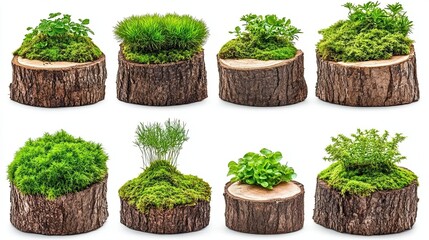Moss and plants in wooden log slices. Nature, garden, decoration concept.