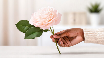 Hand holding a rose, soft background, empty space