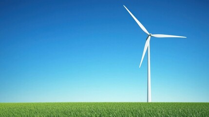 Fototapeta premium Wind turbine towering over green field under a clear blue sky at midday