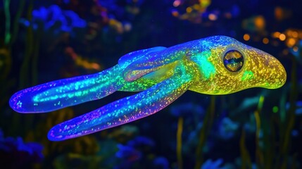 Obraz premium Bioluminescent squid swimming in dark ocean.