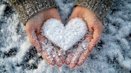 "A stock photo of a woman outdoors, wearing warm winter gloves, forming a heart shape with her snowy hands. The background features a serene winter landscape with soft snow-covered trees, creating a c