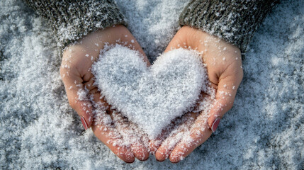 "A stock photo of a woman outdoors, wearing warm winter gloves, forming a heart shape with her snowy hands. The background features a serene winter landscape with soft snow-covered trees, creating a c