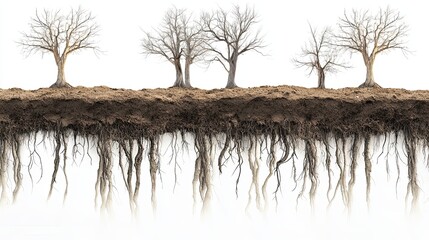 Cross section of soil with tree roots and bare trees.  Concept of nature, environment, and ecology.