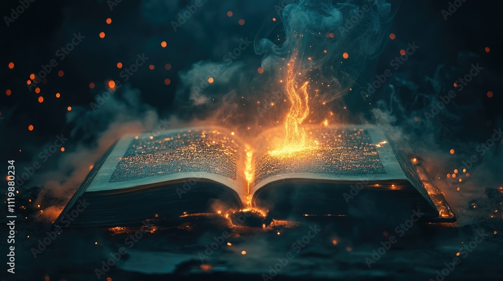 Poster enchanted book with glowing text and mystical flames rising from pages surrounded by sparkling parti